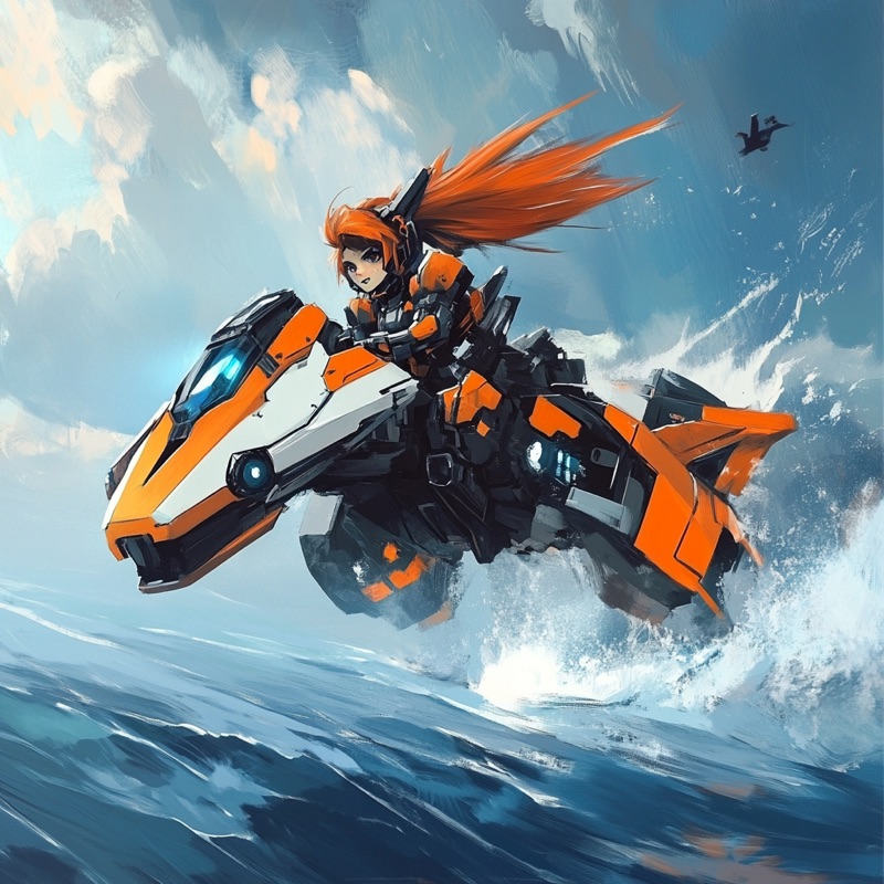 FusionGirl riding mecha dragon over water